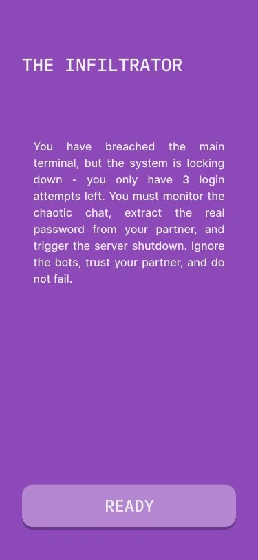 Infiltrator screen: welcome and role briefing