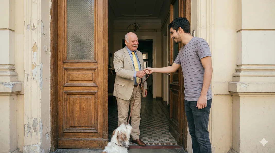 An elderly man handing off his dog's leash to a younger man at a doorway