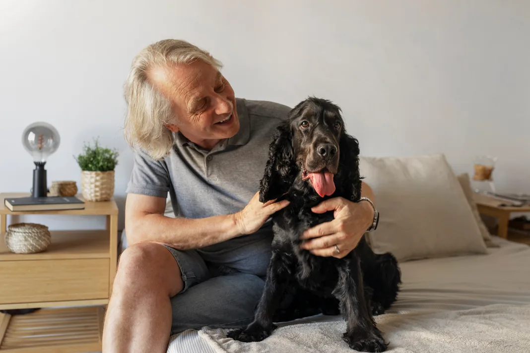 An elderly man petting a dog on the couch