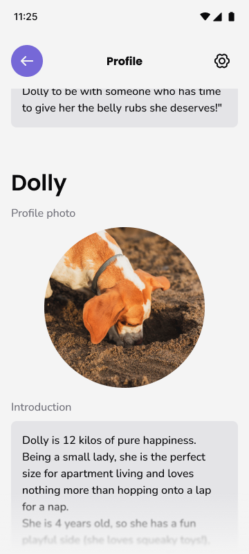 Dolly's profile screen