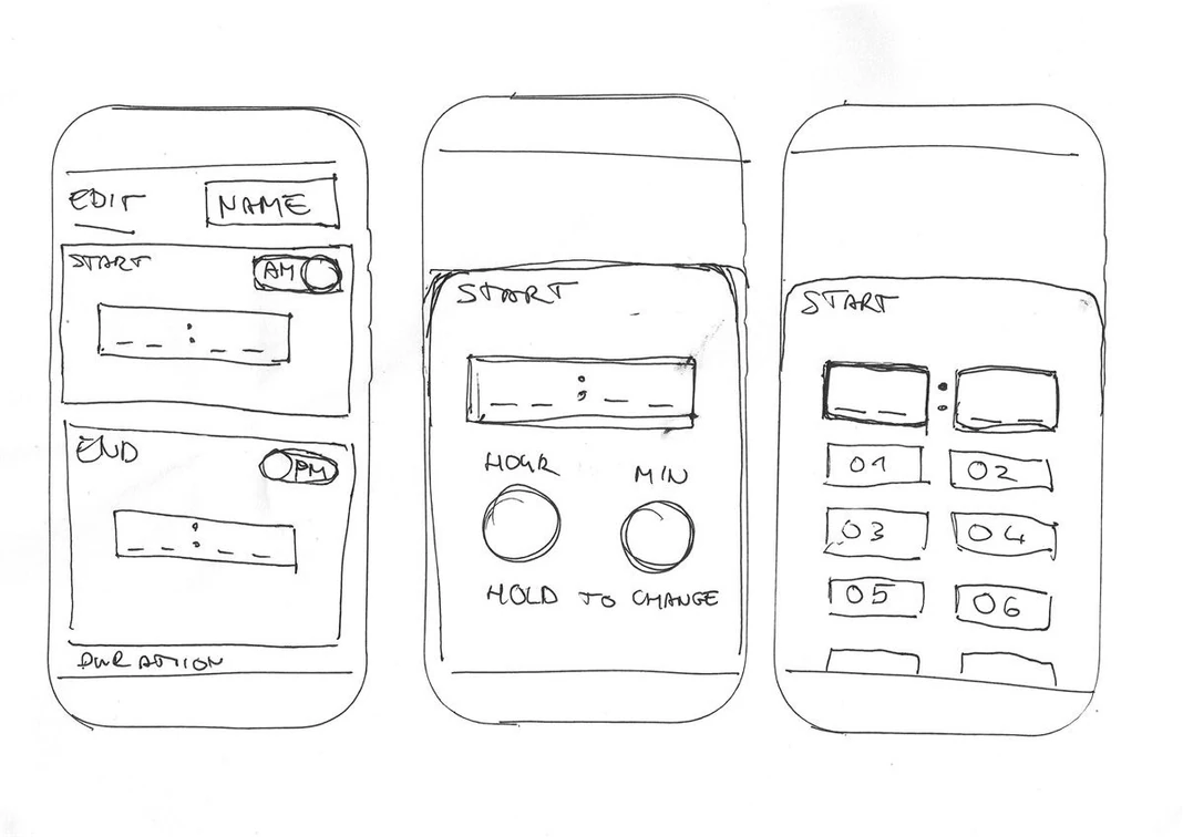 Paper wireframe sketch: edit/end and start timer control screens