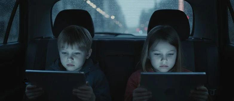 Child looking out of a car window into the forest