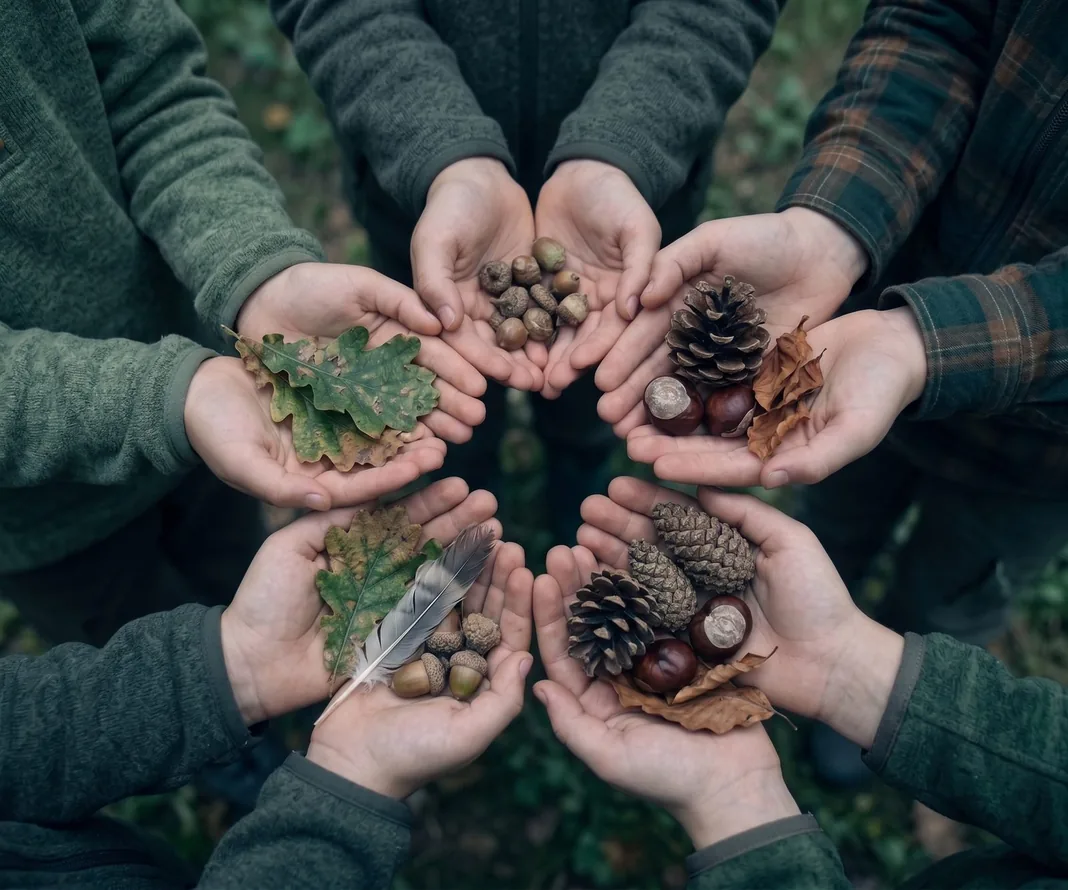 Child collecting a pinecone from the ground