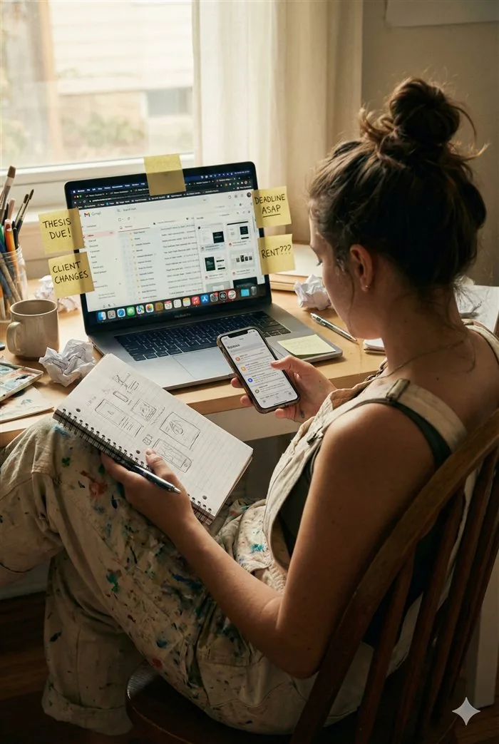 A student surrounded by sticky notes reading THESIS DUE, DEADLINE ASAP, CLIENT CHANGES and RENT???