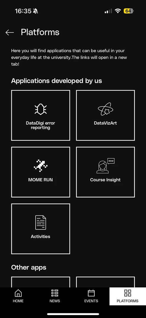 App screenshot of the Platforms list linking out to external sites