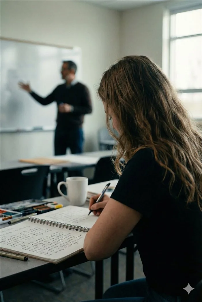 A student taking notes by hand in a lecture hall