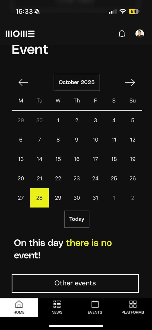 App screenshot of the Event calendar with no marked events