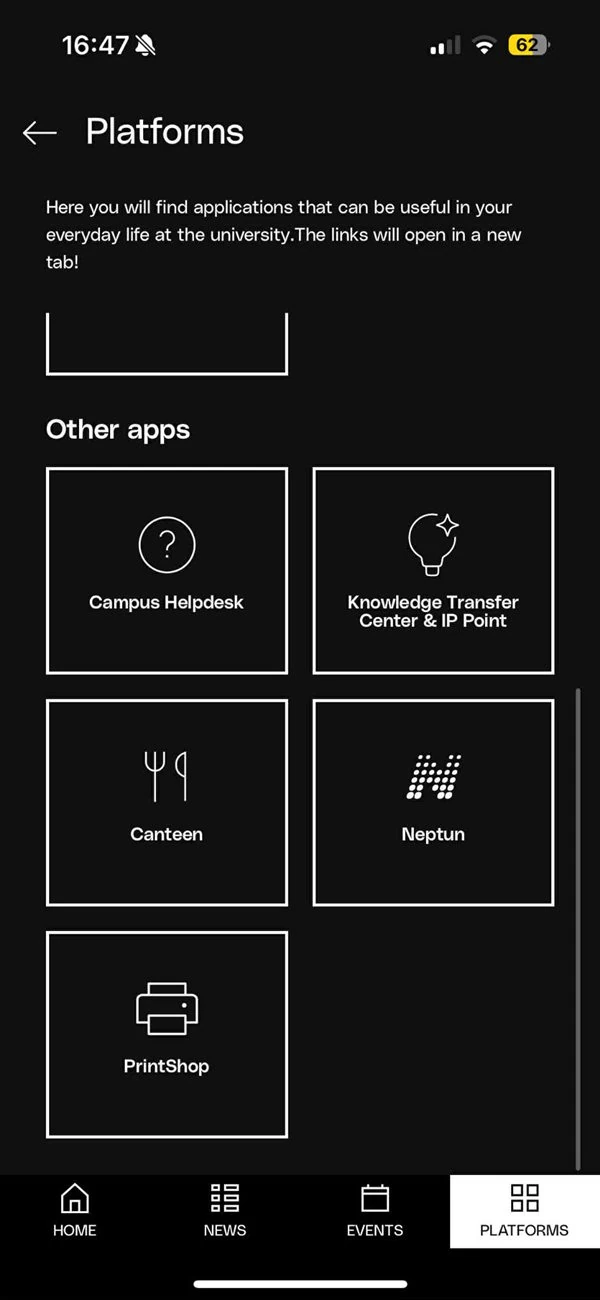 App screenshot of the Platforms list, all linking out to external apps