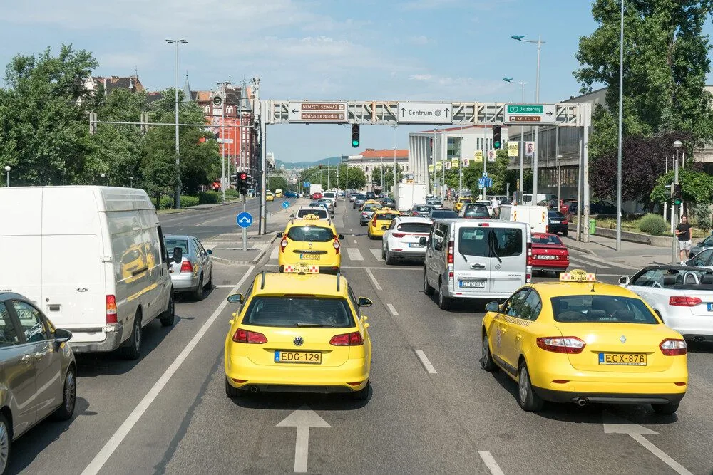A busy traffic scene the robot must navigate