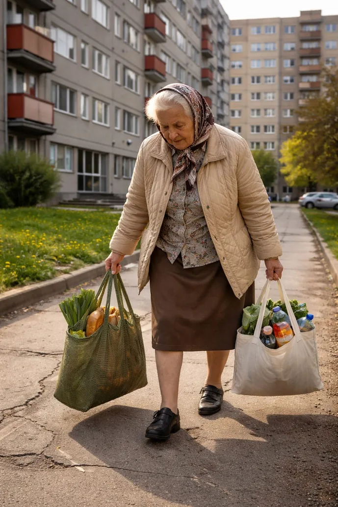 An elderly woman carrying heavy grocery bags