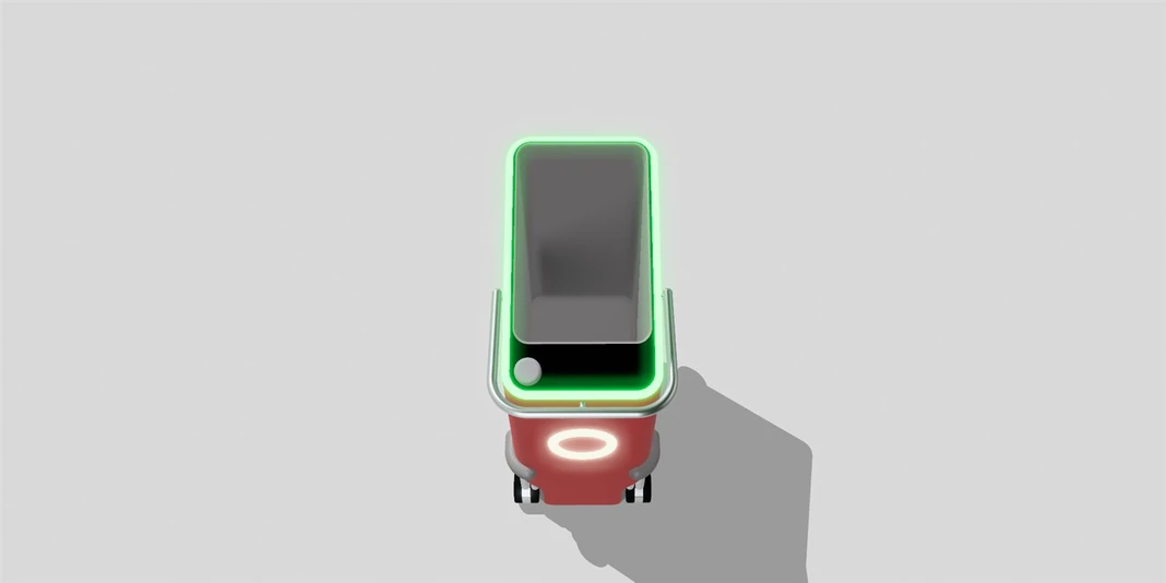 TEVE robot in its active state, light glowing green