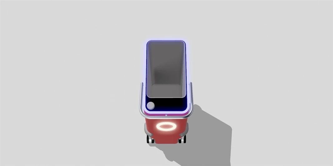 TEVE robot on its way, light glowing purple
