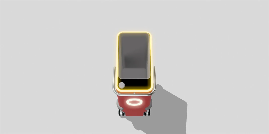 TEVE robot in its paused state, light glowing yellow